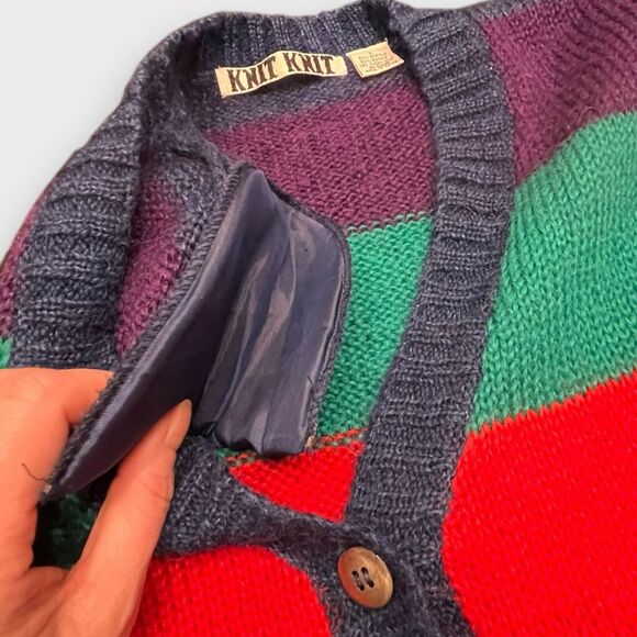 VTG "KNIT KNIT" Wide Multi Striped Mohair Blend Long Cardigan Sweater Size Large - Picture 3 of 5